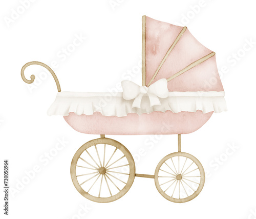 Wallpaper Mural Watercolor Baby Pram in vintage style. Retro kid Stroller in cute pastel pink and beige colors. Carriage for children on isolated background. Hand drawn illustration of perambulator for newborn party. Torontodigital.ca