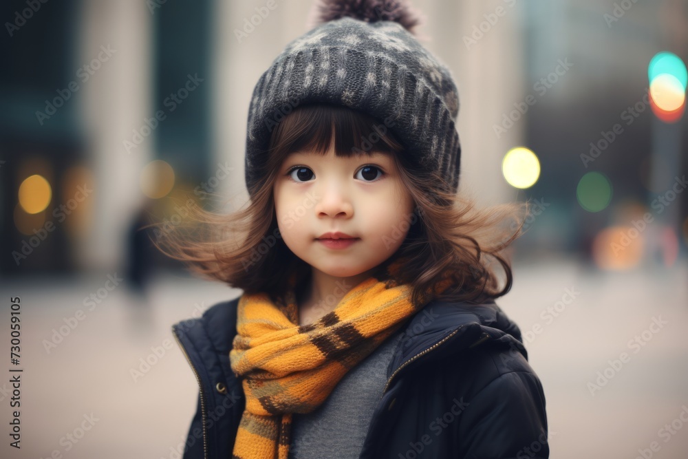 Portrait of a cute little girl in a hat and scarf on the street Portrait of a cute little girl in a hat and scarf on the street