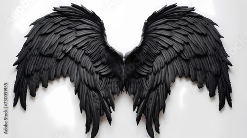 A pair of majestic black angel wings, intricately detailed and perfectly symmetrical, contrasting against a pure white backdrop