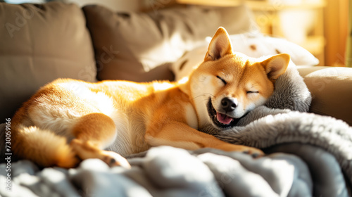 A happy and cute shiba inu dog lying on a couch and sleeps while sun is shining