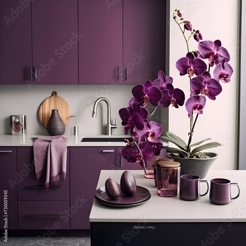a kitchen with a mysterious and elegant orchid-inspired color palette. Picture cabinets in deep shades of plum and orchid