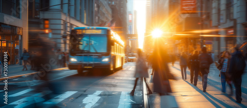 Abstract, background and group of people walking in the city for population, urban foot traffic and workers. Blurred, movement and pedestrians rushing to work for mockup, copy space and design photo