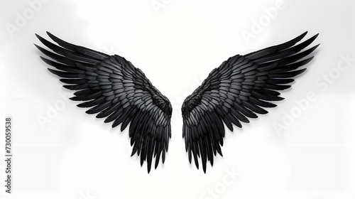 Beautiful angel wings in black  gracefully spread wide against a pristine white background