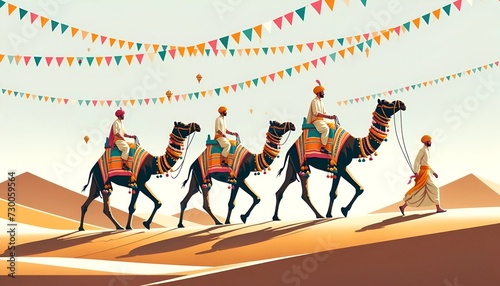 Watercolor illustration of a camel caravan with riders for jaisalmer desert celebration. photo