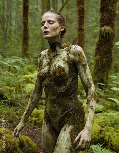 girl covered with moss  zombie apocalypse  lost in the forest