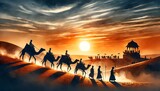 Illustration in watercolor style of a camel caravan with riders in a jaisalmer desert at sunset.
