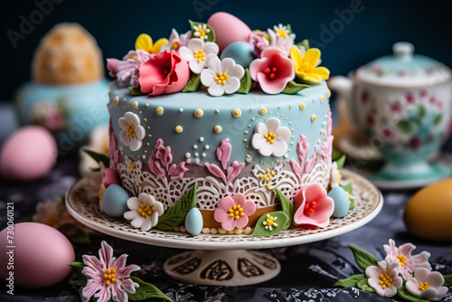 Traditional Easter cake with icing designs and colorful sugar flowers and eggs