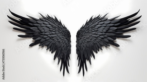 Delicate feathered angel wings in black, meticulously crafted and positioned against a clean white background, exuding a sense of divine beauty © ALLAH KING OF WORLD