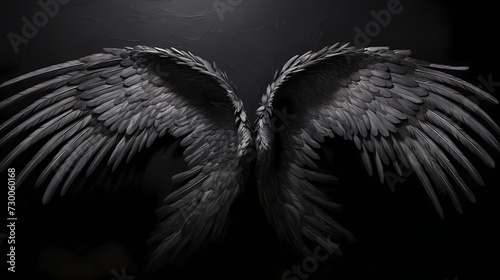 Bold and powerful black angel wings, perfectly aligned and imposing on a dark black canvas, symbolizing divine strength and grace
