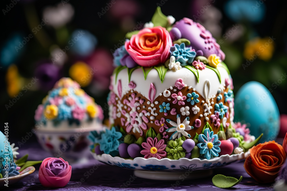 Traditional Easter cake with icing designs and colorful sugar flowers