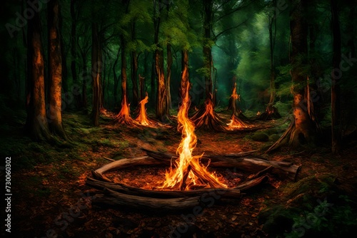 fire burning inside the deep jungle with bone fire celebration in the middle of the forest in between the green jungle with green leaves and trees abstract background 