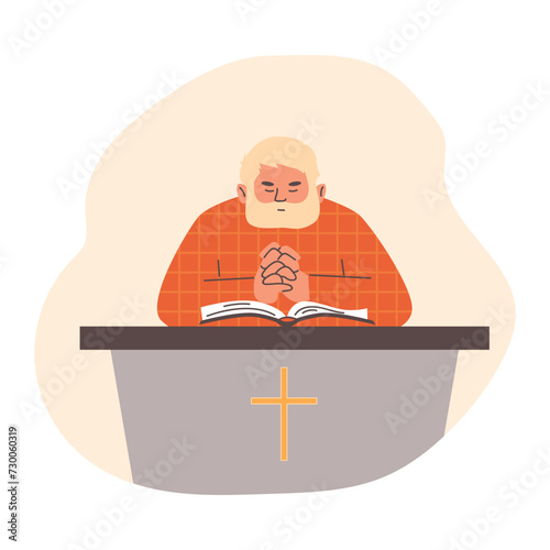 Priest standing at tribune and reading Bible in religious gesture praying, Christianity religion vector illustration
