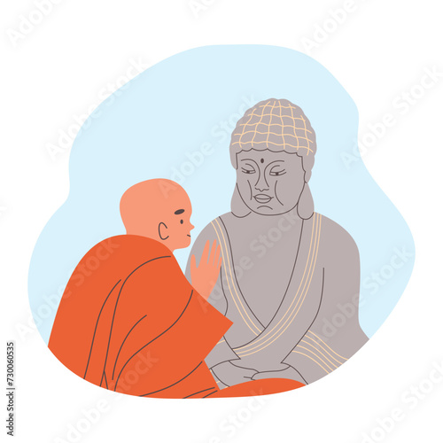 Buddhist monk or cleric praying in front of a Buddha statue, vector isolated.