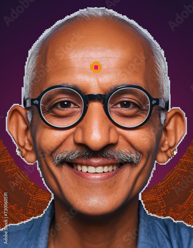 Mahatma Gandhi Pixelart cryptopunk style with round glasses and happy smile india folk style with crypto blockchain background photo