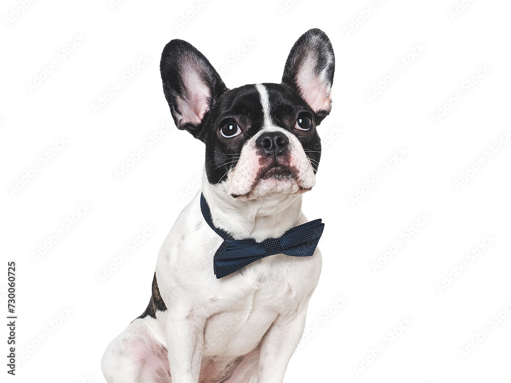 Cute puppy and bright bow tie. Close-up, indoors. Concept of beauty and fashion. Studio shot, isolated background. Congratulations for family, loved ones, relatives, friends and colleagues. Pets care