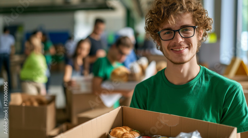 A young person in a green shirt and eyeglasses is smiling at the camera while holding a box filled with various food items, suggesting a food donation or charity event © Anna