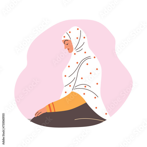 Muslim woman praying on knees, communicating with Allah, vector Islamic religious person in national Arab clothing hijab