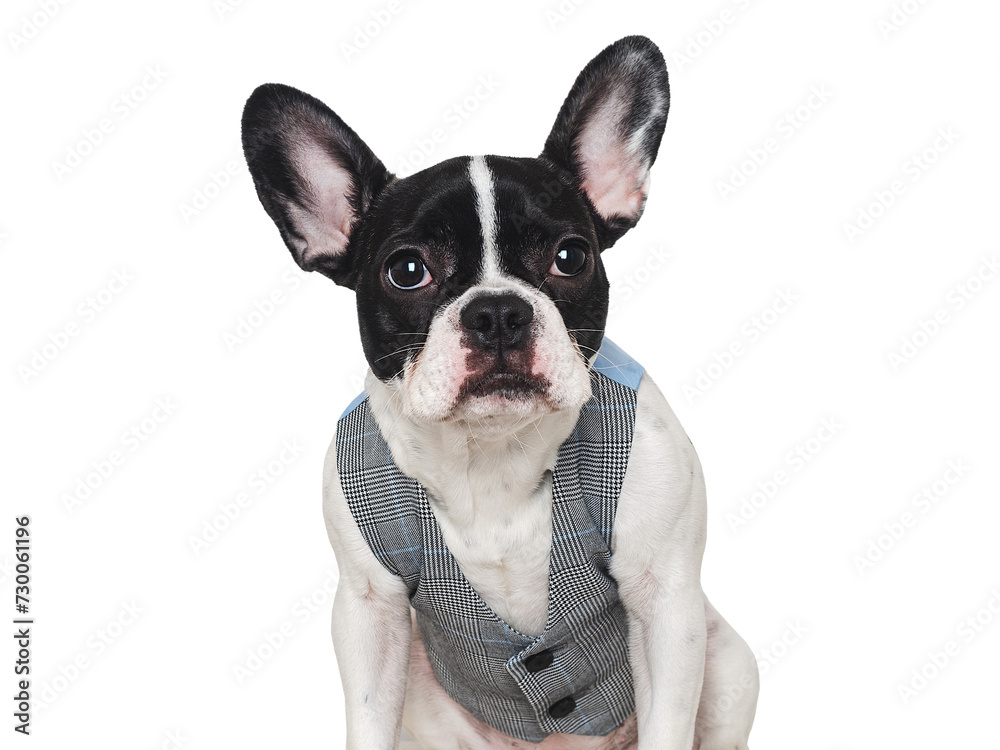Cute puppy and vest. Close-up, indoors. Concept of beauty and fashion. Studio shot, isolated background. Congratulations for family, loved ones, relatives, friends and colleagues. Pets care