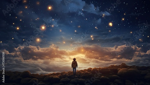 A captivating scene depicts a young boy and girl surrounded by glowing planets and stars in the night sky, embodying the essence of dreaming and hope. photo