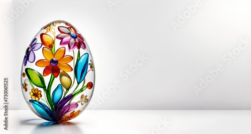 Glass Easter egg with a floral pattern on a white background. Banner for design with copy space. AI generated.