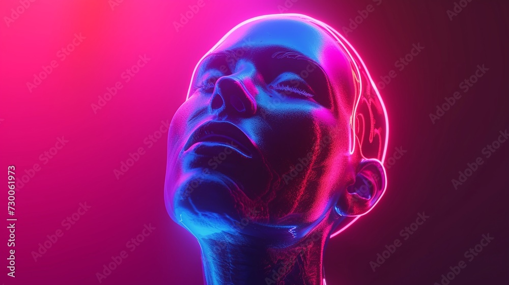 A neon-colored AI female robot in a futuristic scene. 3D-rendered human head on a gradient background. Virtual reality symbol, face identification, cutting-edge technology. Glowing light head model. A neon-colored AI female robot in a futuristic scene. 3D-rendered human head on a gradient background. Virtual reality symbol, face identification, cutting-edge technology. Glowing light head model.