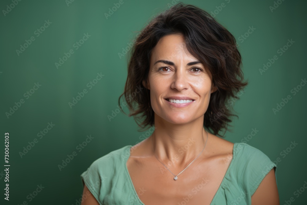 Portrait of a happy mature woman looking at the camera with a green background Portrait of a happy mature woman looking at the camera with a green background