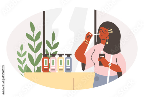 Woman choose fashion perfume on shopping in beauty cosmetics perfumery shop vector illustration, apply aroma scent