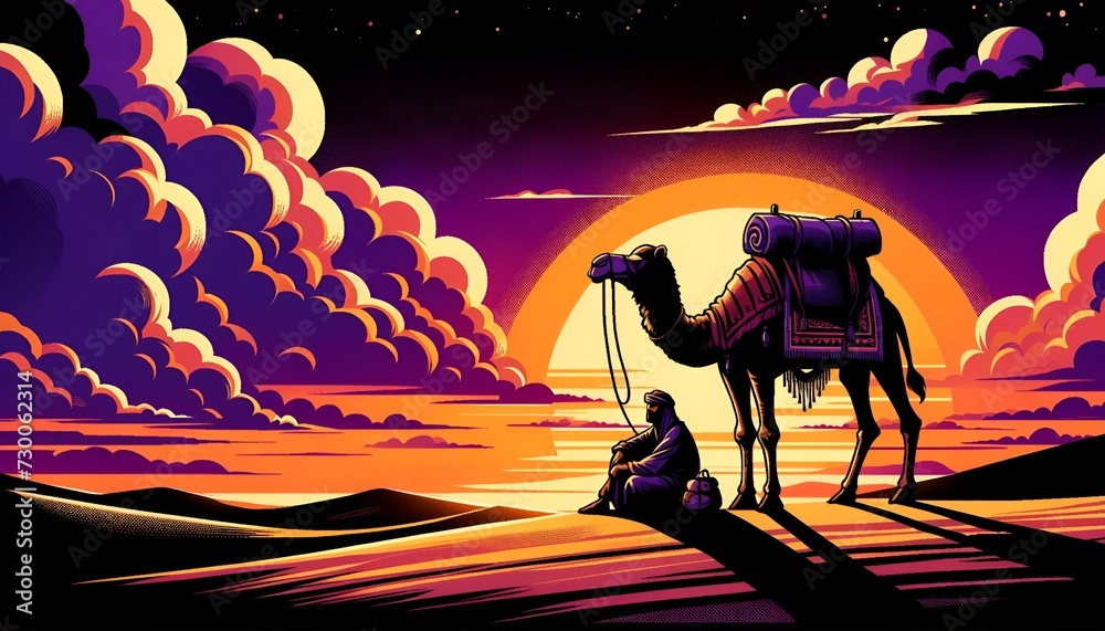 Naklejka premium Illustration of a serene desert scene at sunset in cartoon style.