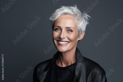 Portrait of a smiling senior woman in leather jacket, over grey background. © Inigo