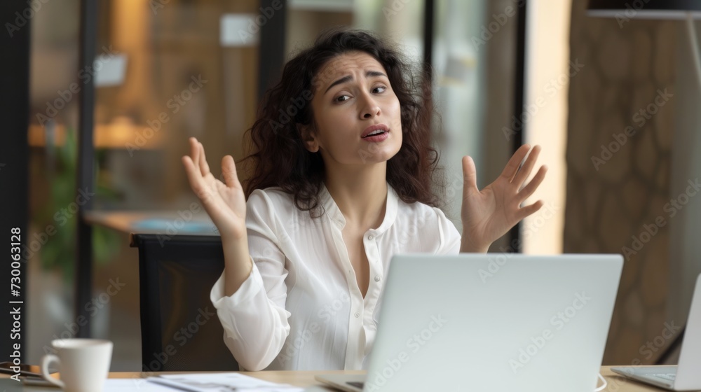 A businesswoman a white blouse sitting at a desk with laptop in a modern office space. Woman in the middle of a conversation or a meeting gestures with her hands raised, palms up
