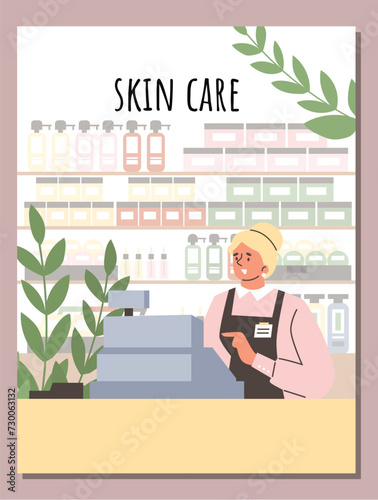 Cosmetics and skin care products store with salesperson at checkout. Flat illustration template.
