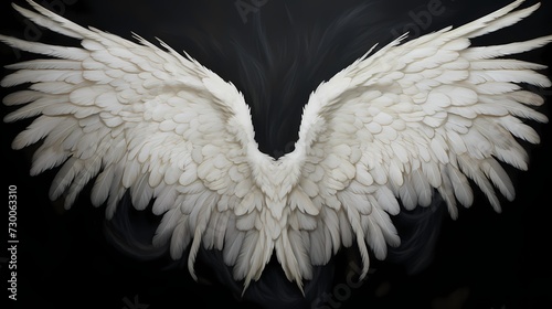 Delicate white angel wings, softly feathered and gently extending on a solid black canvas, symbolizing purity, peace, and heavenly protection