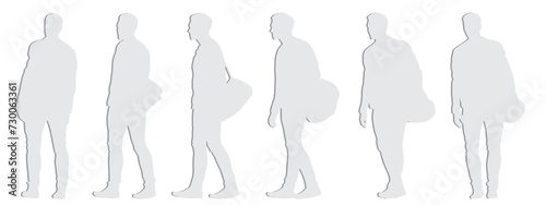 Vector concept conceptual gray paper cut silhouette of a man carrying a duffel bag from different perspectives isolated on white background. A metaphor for sport, fitness, travel and active lifestyle