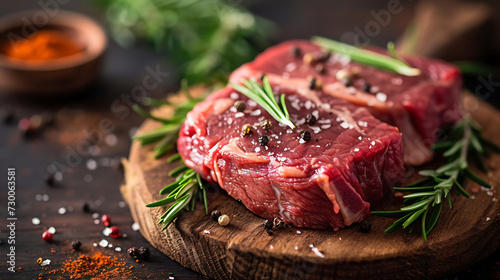 Raw steak meat displayed on a wooden board garnished with rosemary and spices.