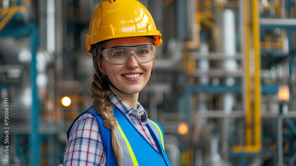 Portrait of a joyful woman engineer at an oil refinery, inspecting industrial operations in safety gear. Portrait of a joyful woman engineer at an oil refinery, inspecting industrial operations in safety gear.