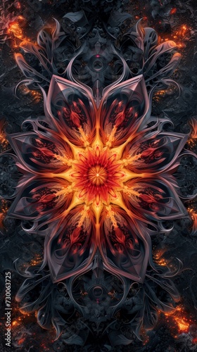 Symmetric Digital Artwork with Central Motif that Radiates outward in Kaleidoscopic Fashion - Core is Bright Fiery Orange Red Shape Element resembles Star Flower created with Generative AI Technology