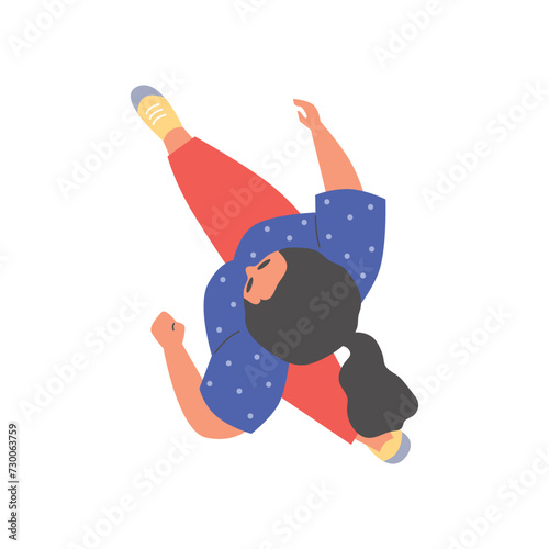 Vector illustration top view of woman in shirt walking forward, overhead view of people