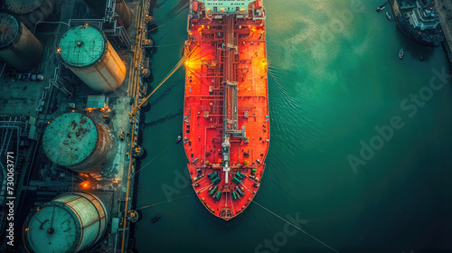 An aerial view of a striking red tanker ship docked at an industrial oil refinery with storage tanks, showcasing the scale of marine logistics.