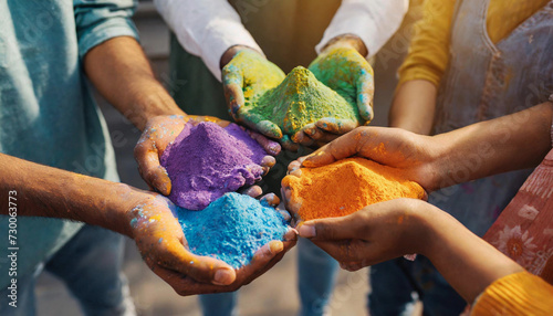 Holi Festival. Colourful paints held in hands. Holi festival concept