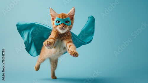 Superhero cat: adorable orange tabby kitty with blue cloak and mask, leaping and soaring against light blue background, with space for text. Humorous animal studio shot illustrating superhero, super. © Creator