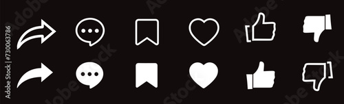 social media interface icon set in line style. like, unlike, comment, share, message, thumb and save simple black style symbol sign for apps and website, vector illustration.