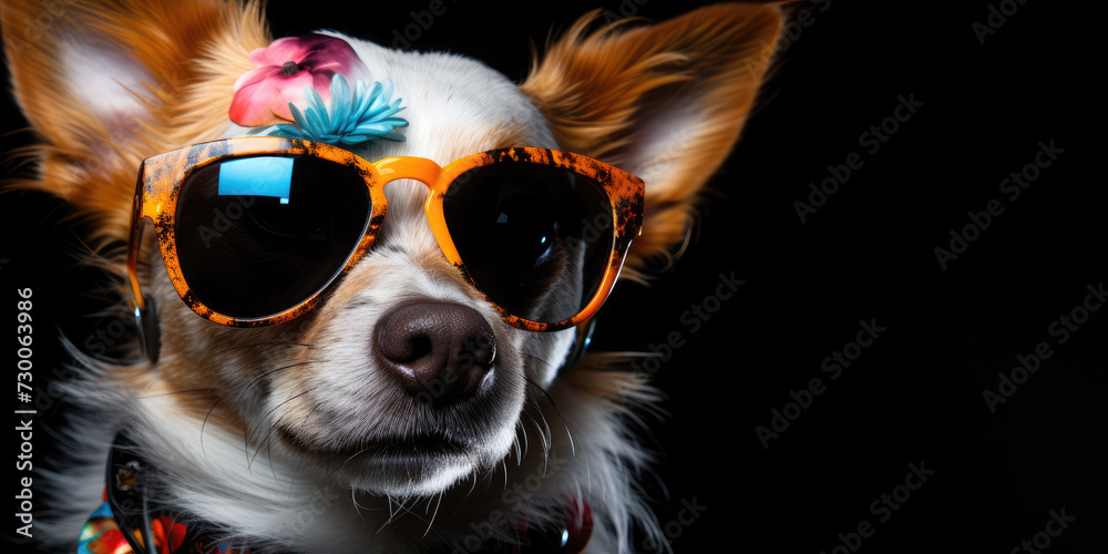 Happy dog in glasses and headphones listens to music on a black background. Nightlife, party. Funny meme