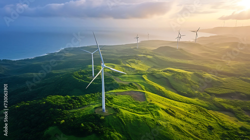 Wind turbines on green hills overlook coastal panorama, symbolizing sustainable energy production.