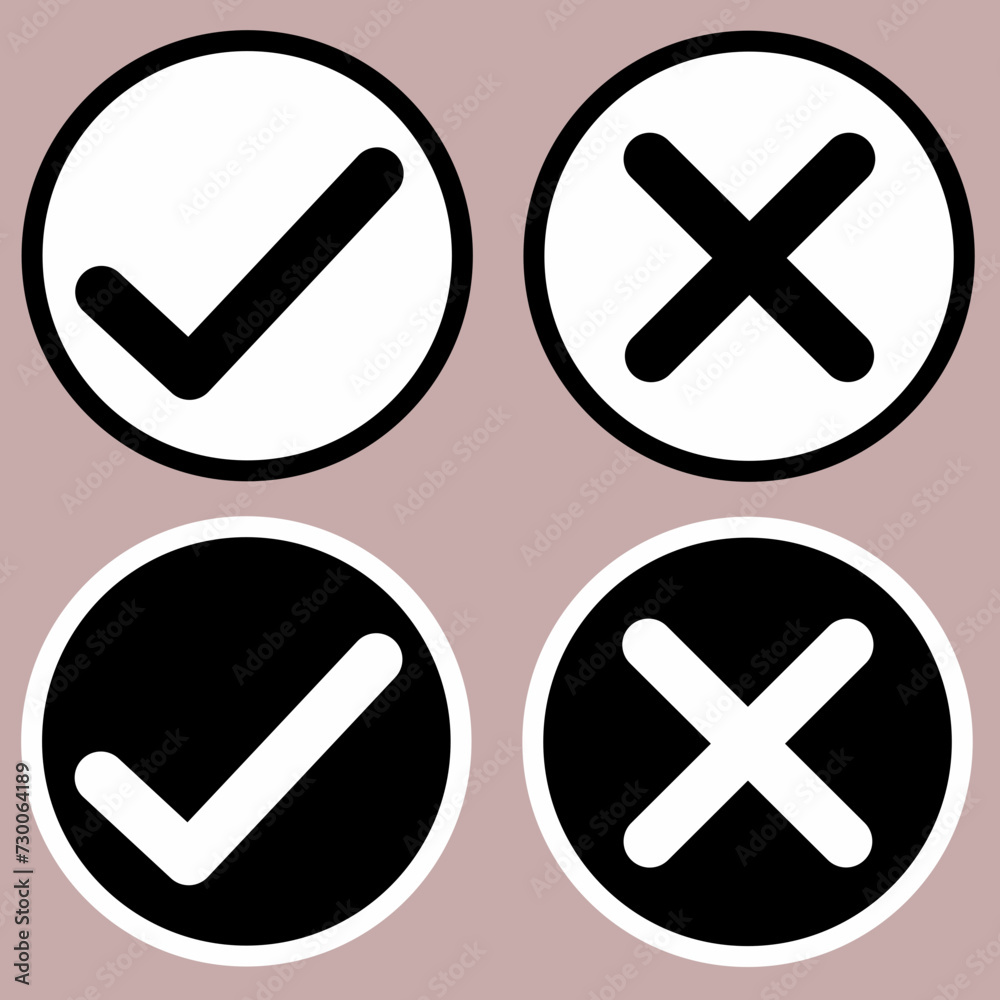 Icons set of black white check mark and cross mark Icons set of black white check mark and cross mark
