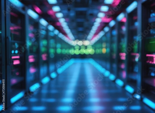 Connected Network Servers Purple-Blue Glow in a Futuristic Data Center, Futuristic Glow Dark Servers Data Center with Blue Illumination