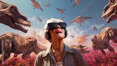 Immerse yourself in a virtual adventure as someone dons a headset, experiencing the presence of real dinosaurs. © Murda