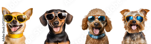 Happy Small Breed Dogs Wearing Sunglasses: Yorkshire Terrier, Chihuahua, Poodle, and Dachshund (Teckel) Looking Cool, Isolated on Transparent Background, PNG