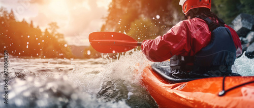 An exhilarating kayaking adventure, paddling vigorously through the splashing river rapids © Ai Studio