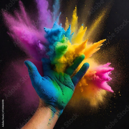 Holi Festival. Colourful dyes held in hand and their explosions and dispersion. Holi festival concept