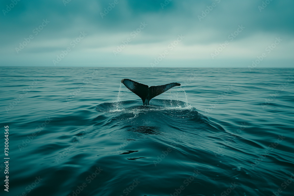 Fototapeta premium A whale's tail that appears above the water after it rises to the surface.